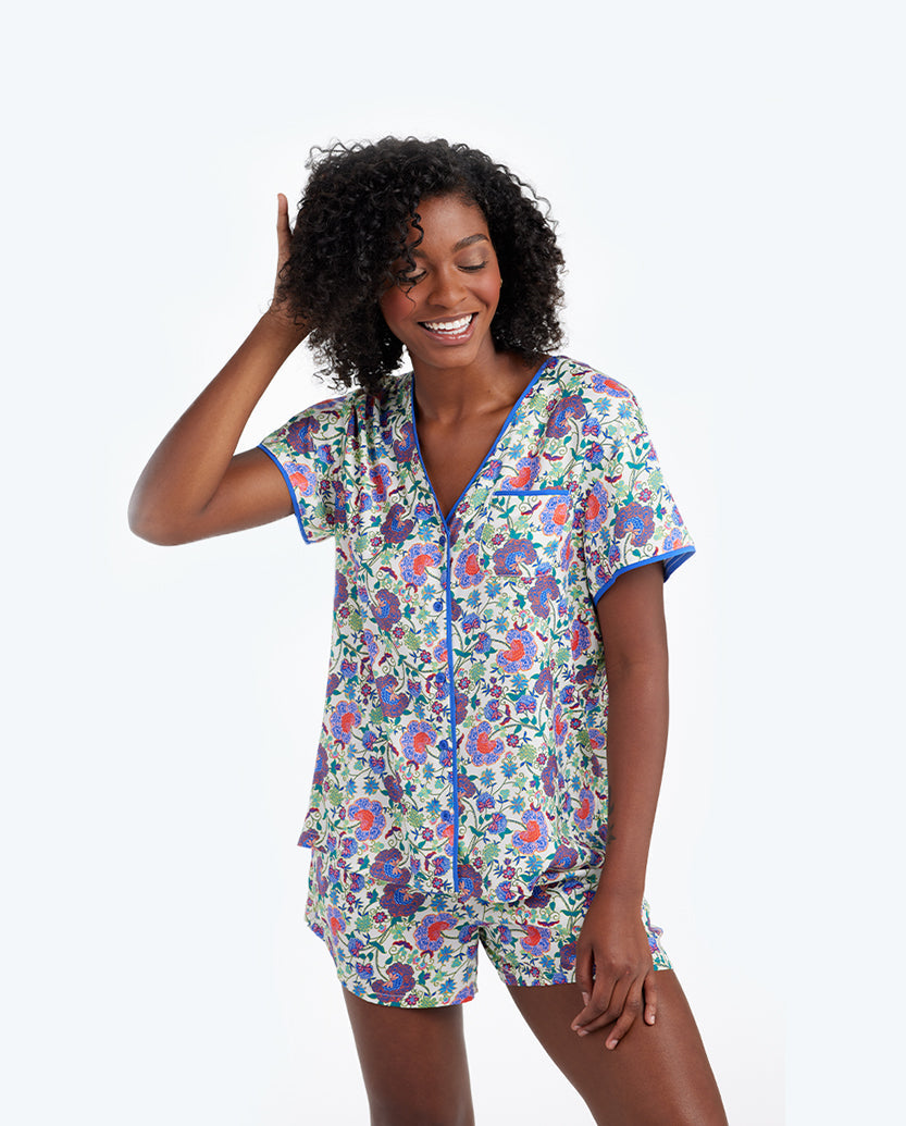The Cloud 9 Silky PJ Shorts Set - Scroll Block Print in Violet & Lava