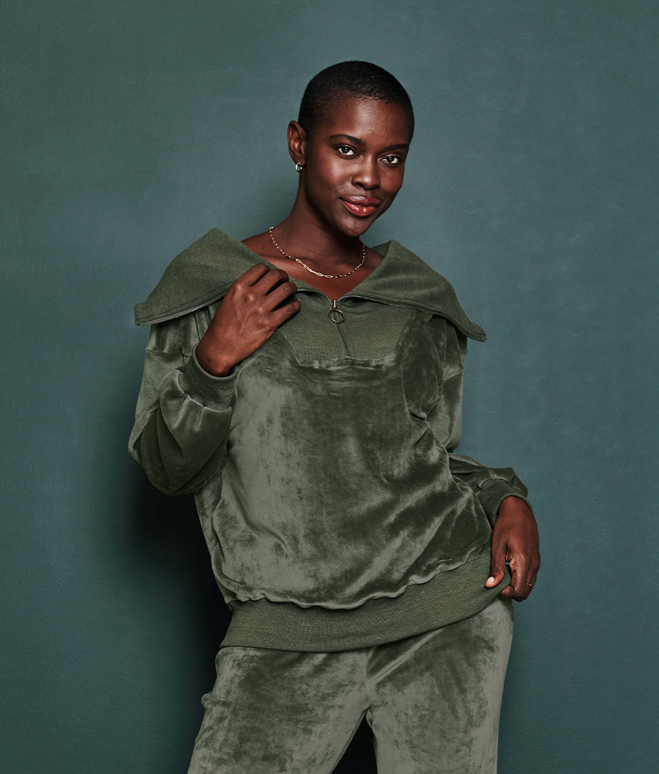 The Plush Velour Half-Zip Pullover - Olive