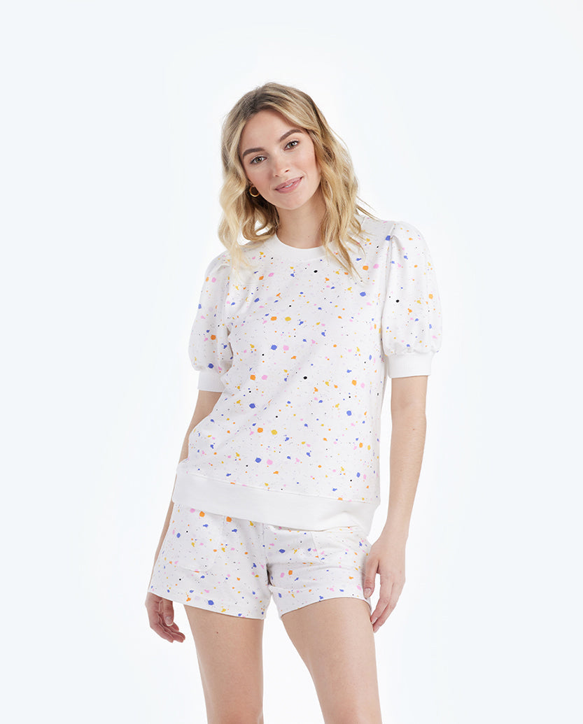 The Softest French Terry Puff Short Sleeve - Paint Splatter in White Sand