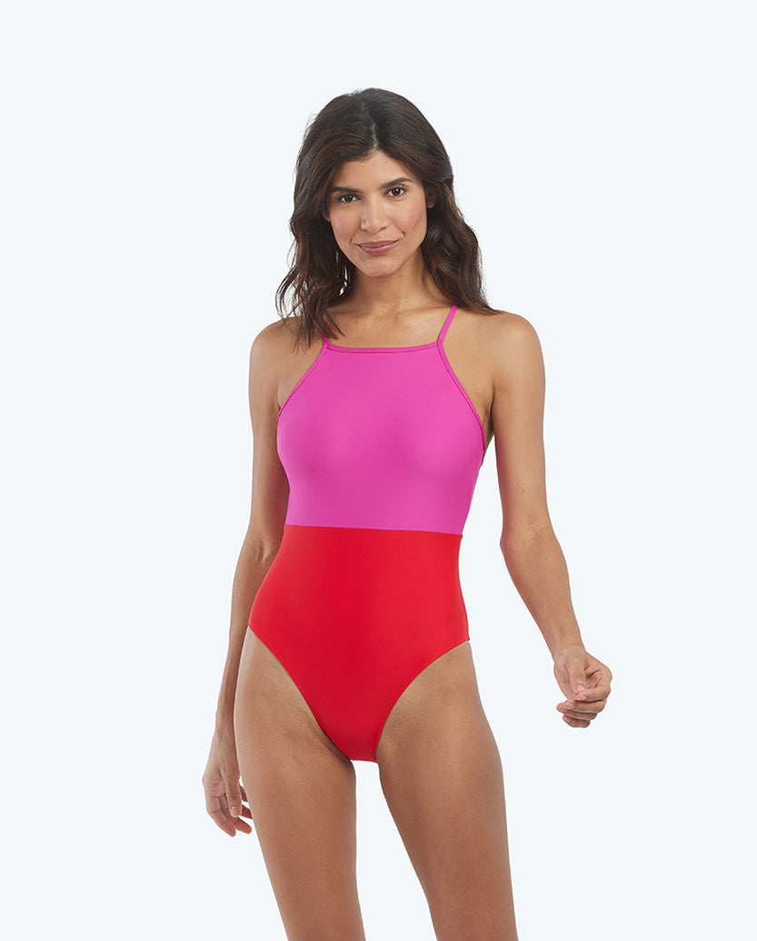 The High Neck One-Piece - Lava & Hibiscus