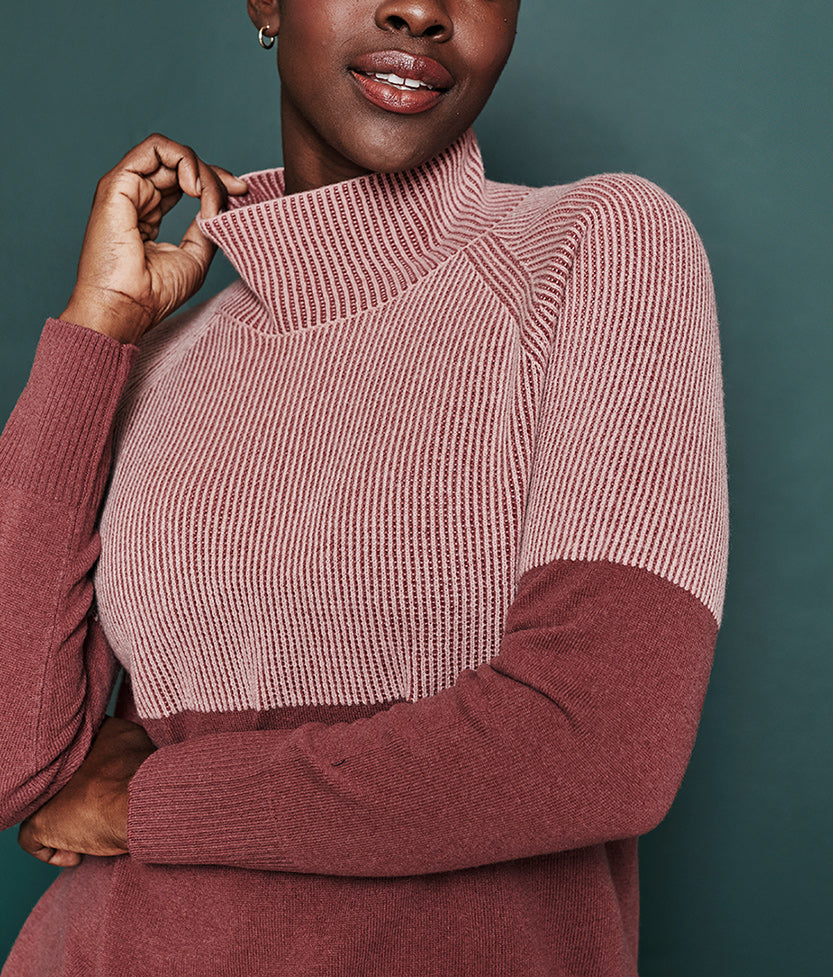 The Luxe Cashmere Blend Two-Tone Sweater - Rosewood & Shell