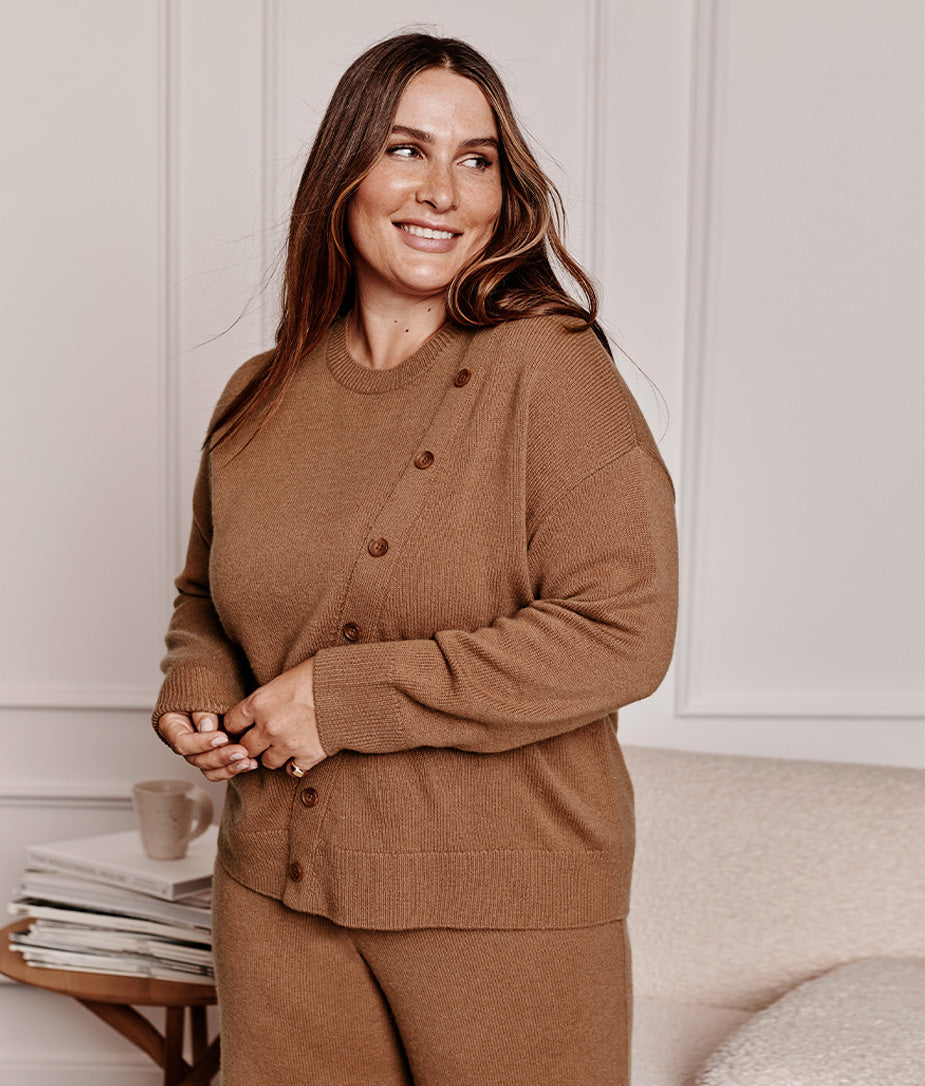 The Luxe Cashmere Blend Button Crewneck - Praline