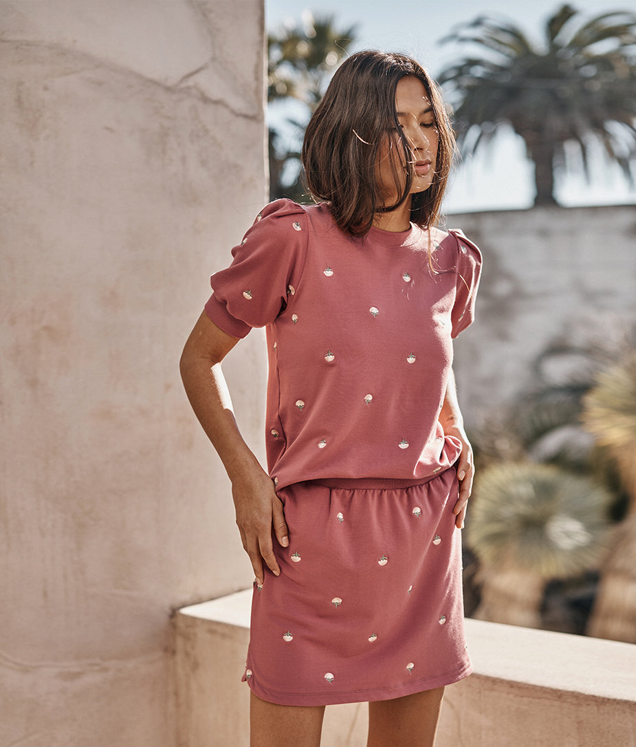 The Softest French Terry Puff Short Sleeve - Faded Rose Floral Stitch