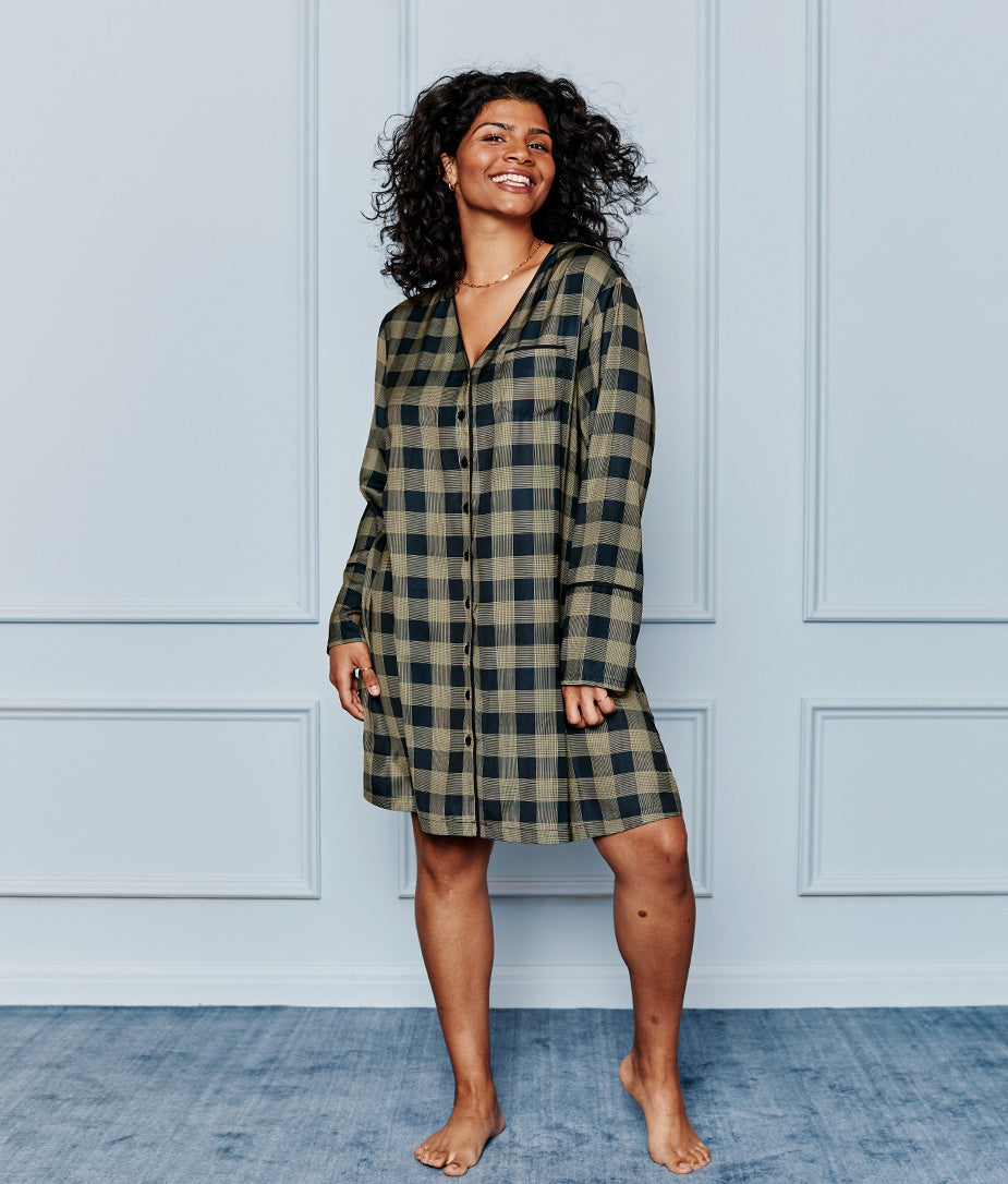 The Cloud 9 Boyfriend Sleep Shirt - Buffalo Check in Deep Sea & Gold