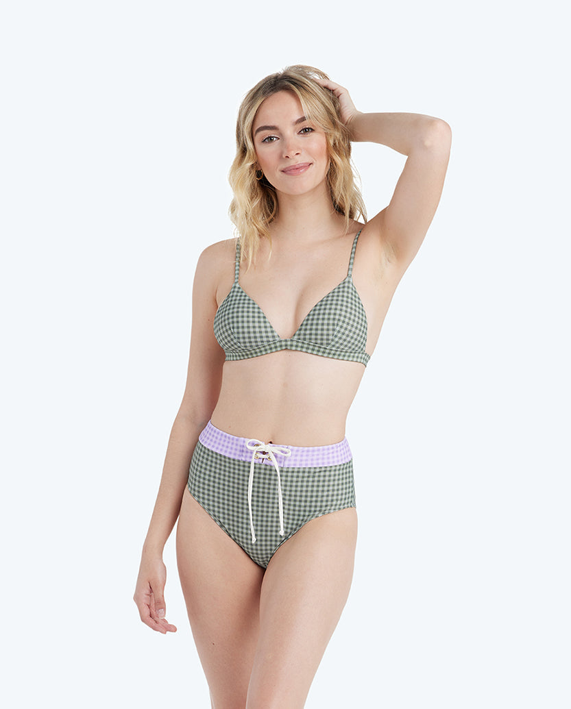 The Lace-Up High Leg High Rise Bikini Bottom - Gingham in Lavender & Ivy