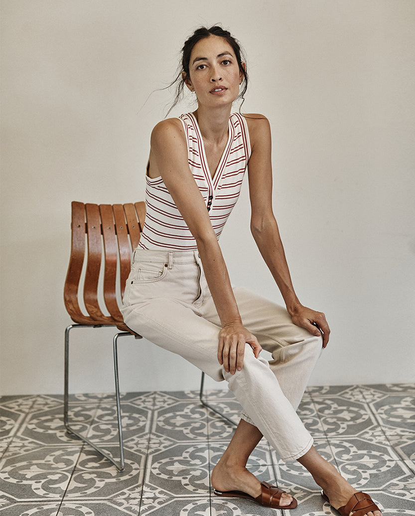 The Softest Ribbed Henley Tank - White Sand & Berry Stripe