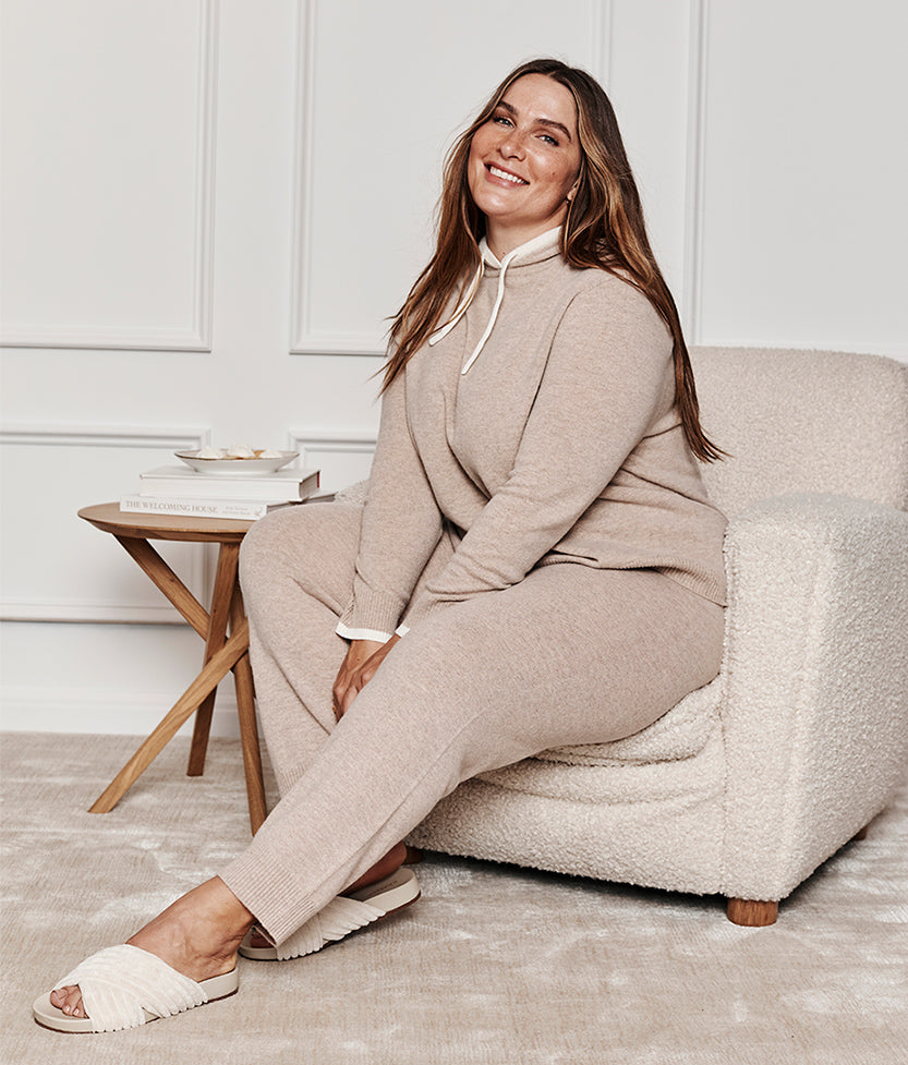 The Coziest Cashmere Blend Hoodie - Toffee & White Sand