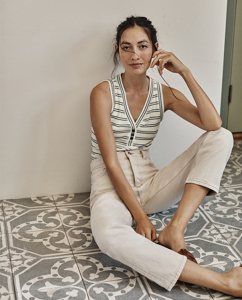The Softest Ribbed Henley Tank - White Sand & Deep Sea Stripe