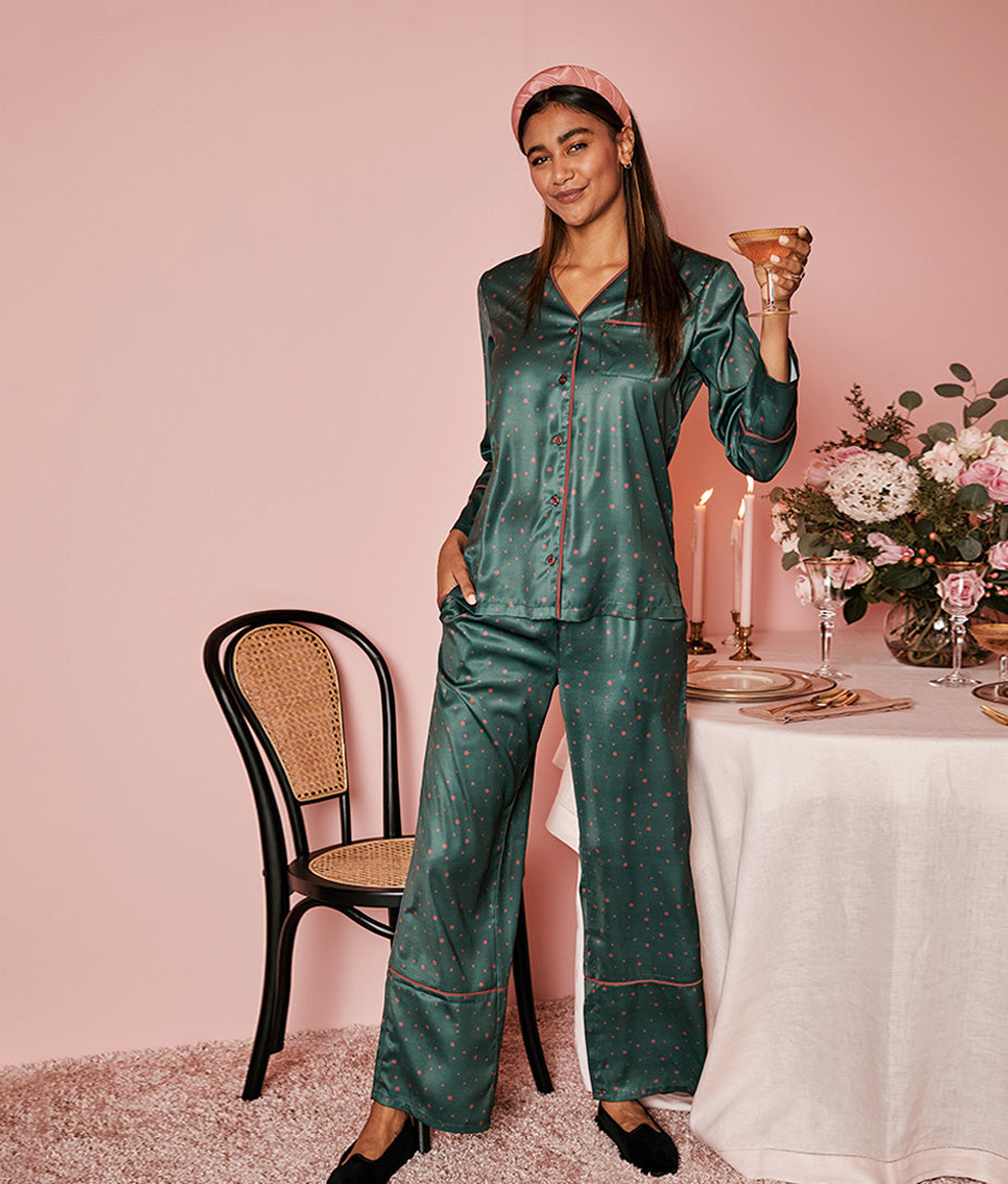 The Cloud 9 Silky PJ Set - Celestial Dot in Eden & Rosewood