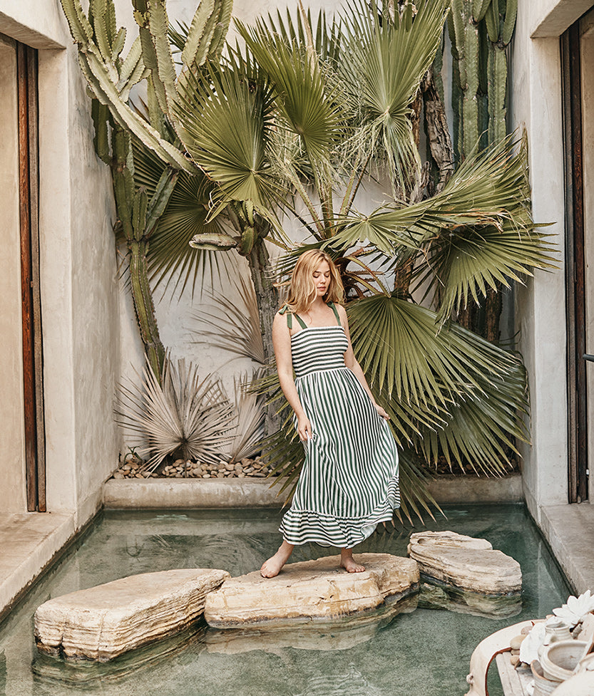The Smocked Maxi Dress - in Nautical Stripe in Olive