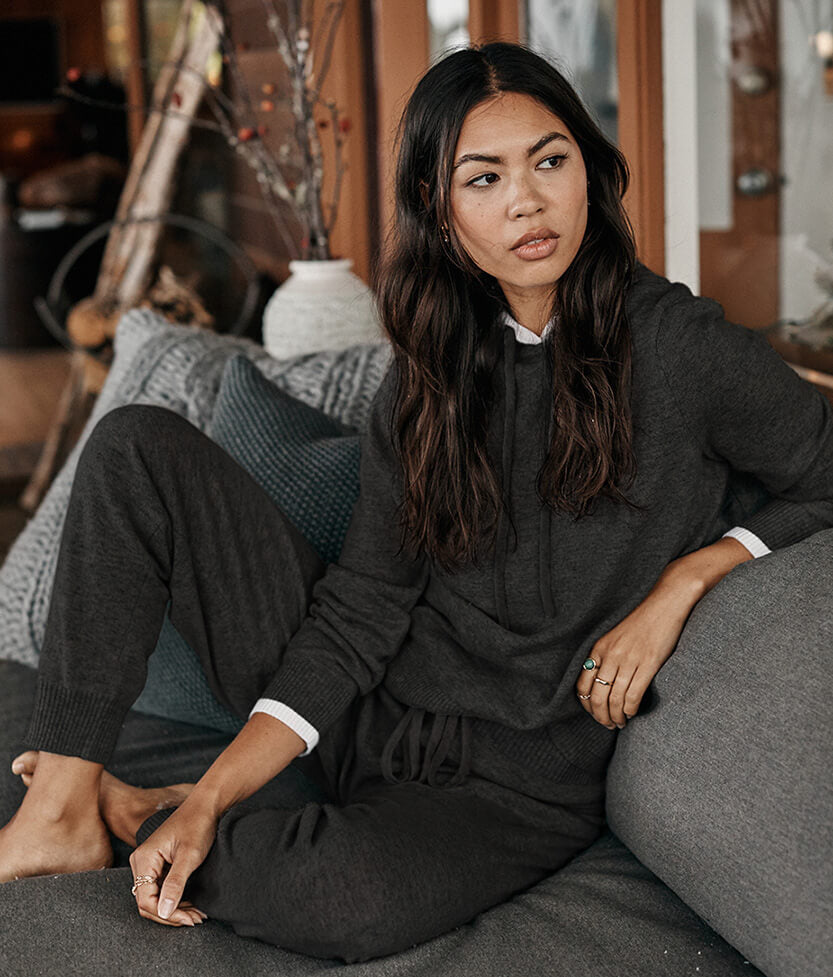 The Coziest Cashmere Blend Hoodie - Charcoal & White Sand