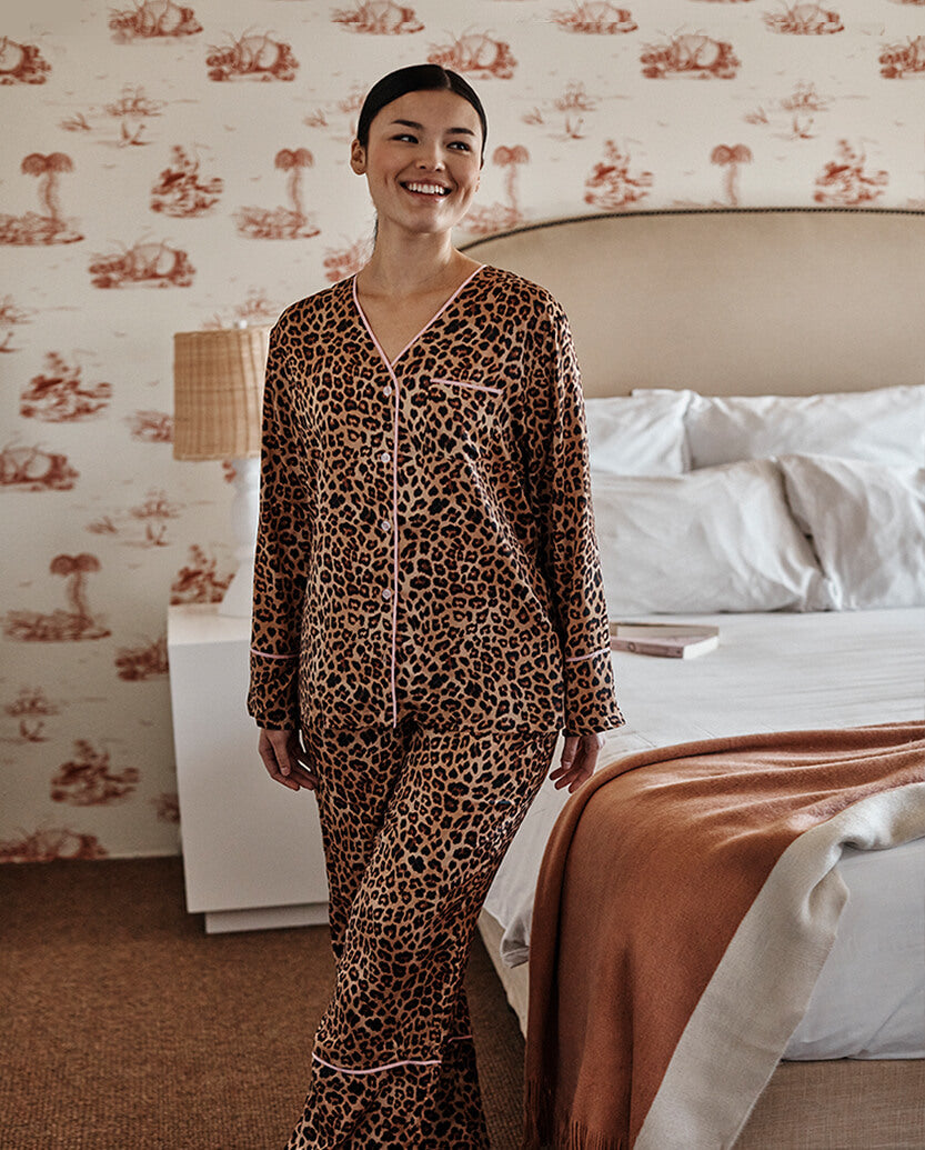 The Cloud 9 Silky PJ Set - Leopard & Pink Sky