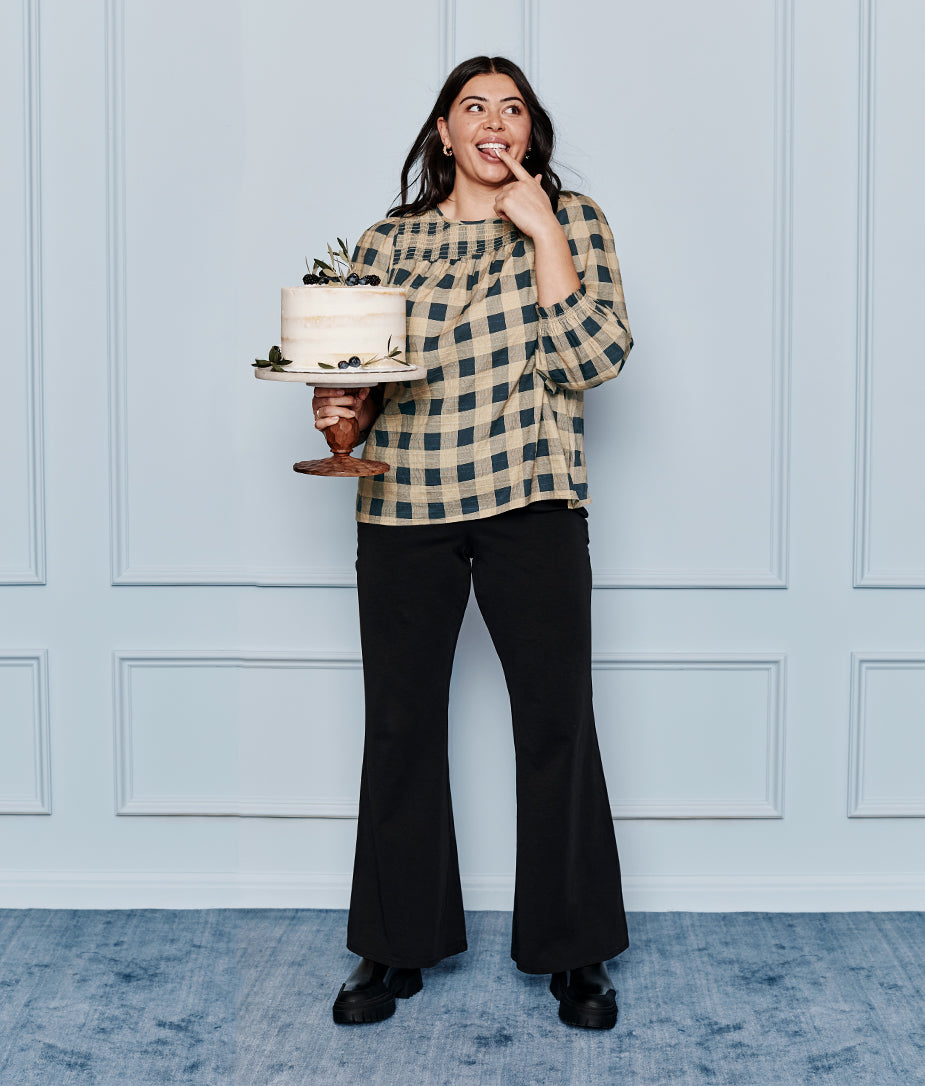 The Perfect Smocked Cotton Top - Buffalo Check in Midnight & Toffee