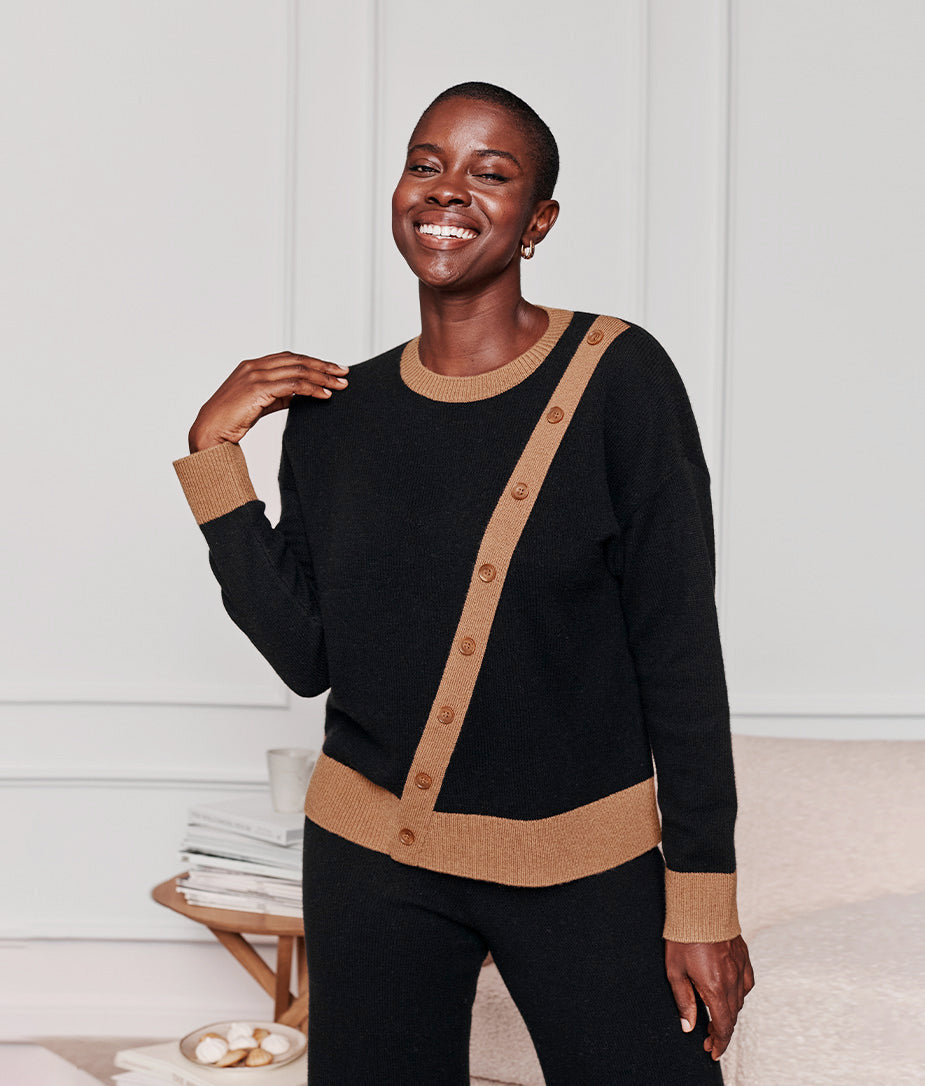 The Luxe Cashmere Blend Button Crewneck - Sea Urchin & Praline