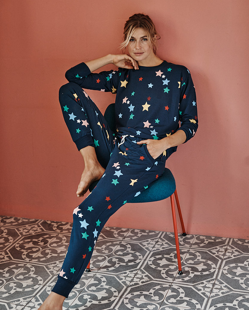 The Softest French Terry Relaxed Crew - Scatter Stars in Deep Sea