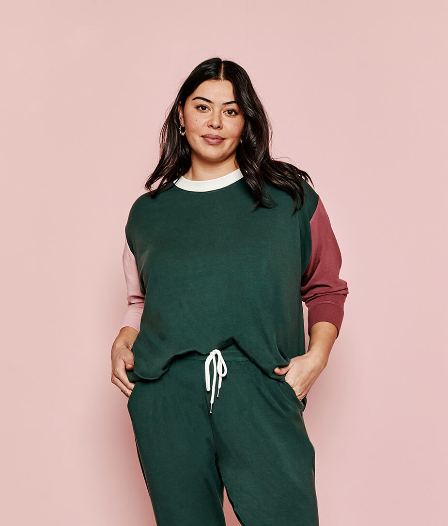 The Softest French Terry Relaxed Colorblock Crew - Eden & Shell & Rosewood
