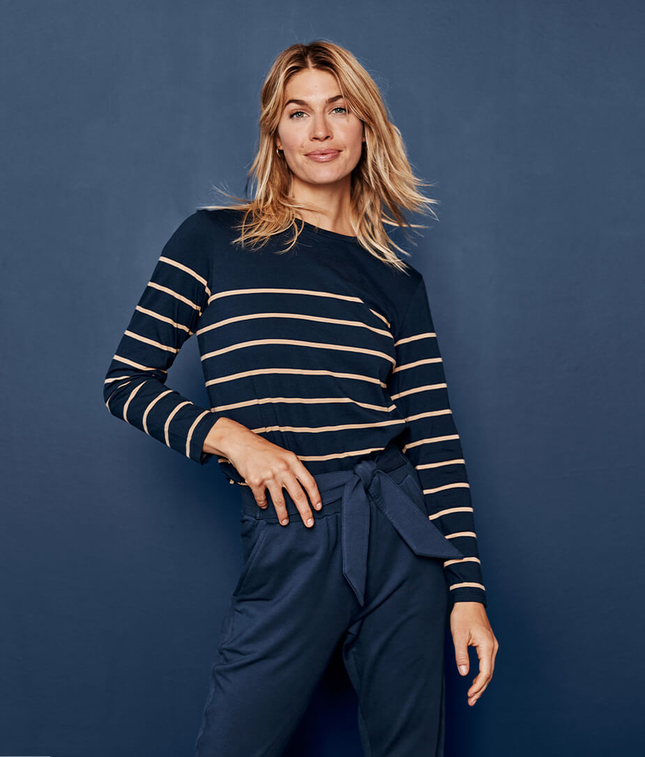 The Luxe Pima Long Sleeve Tee - Midnight & Toffee Stripe