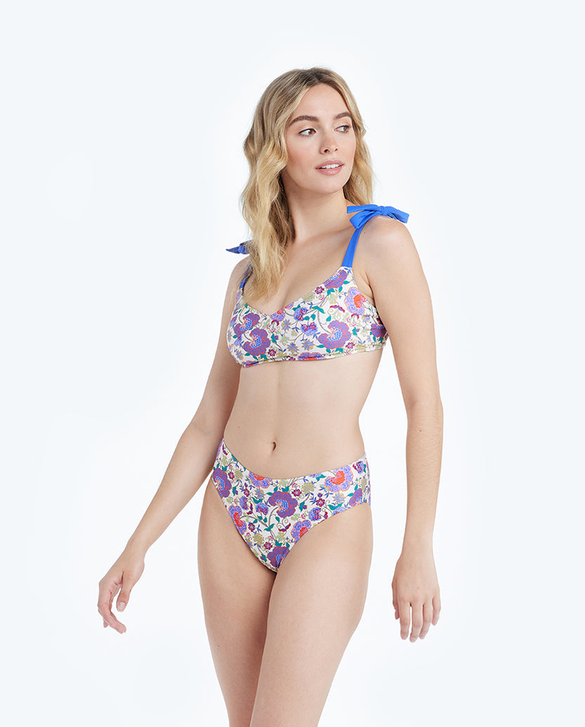 The Limited-Edition High Leg Mid Rise Bikini Bottom - Scroll Block Print in Violet & Lava