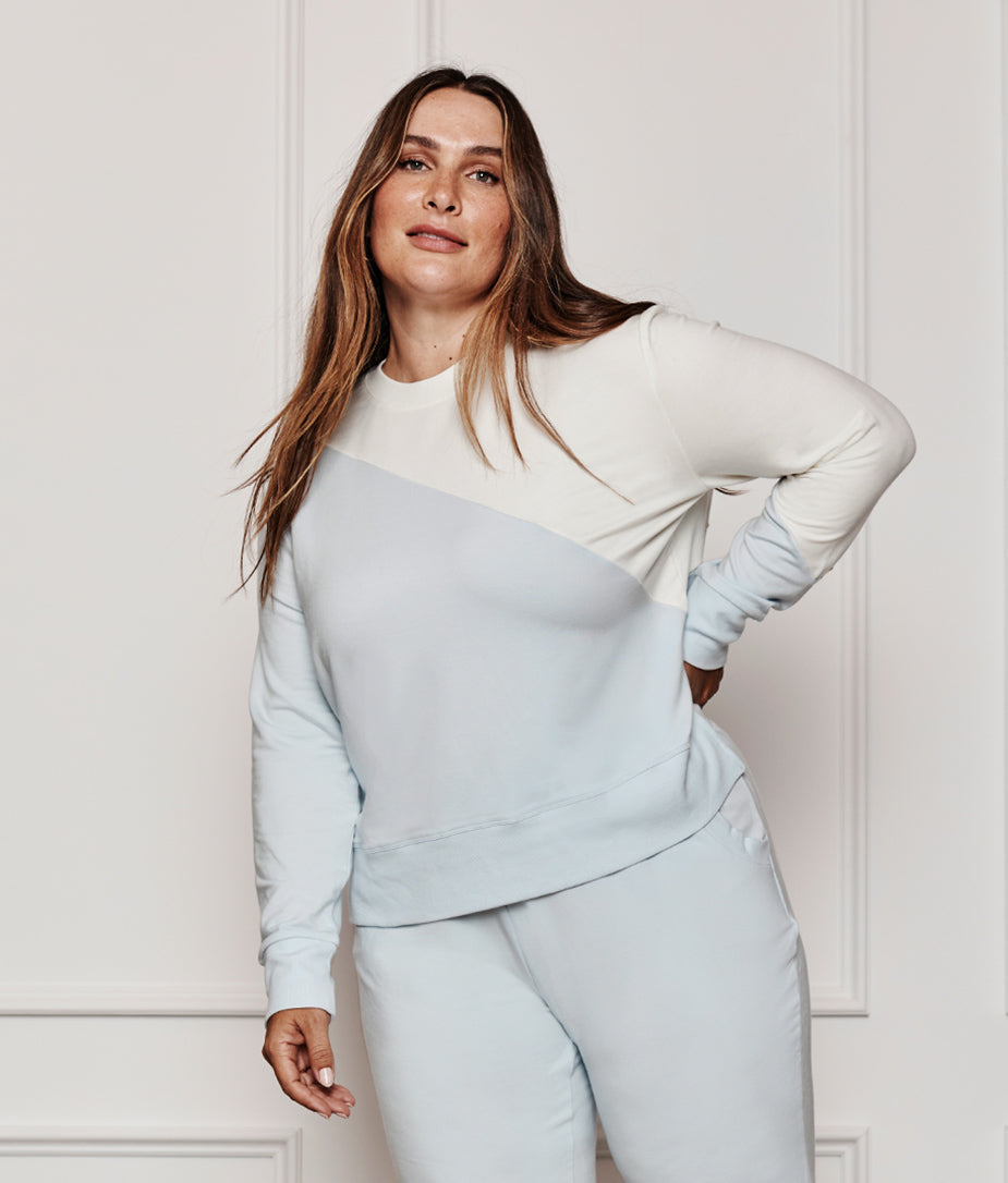 The Softest French Terry Pullover - Powder Blue & White Sand