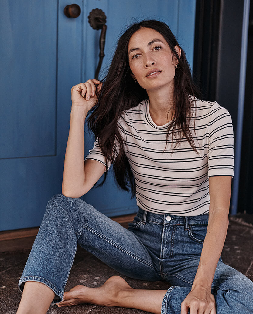 The Softest Ribbed Elbow Sleeve T-Shirt - White Sand & Deep Sea Stripe