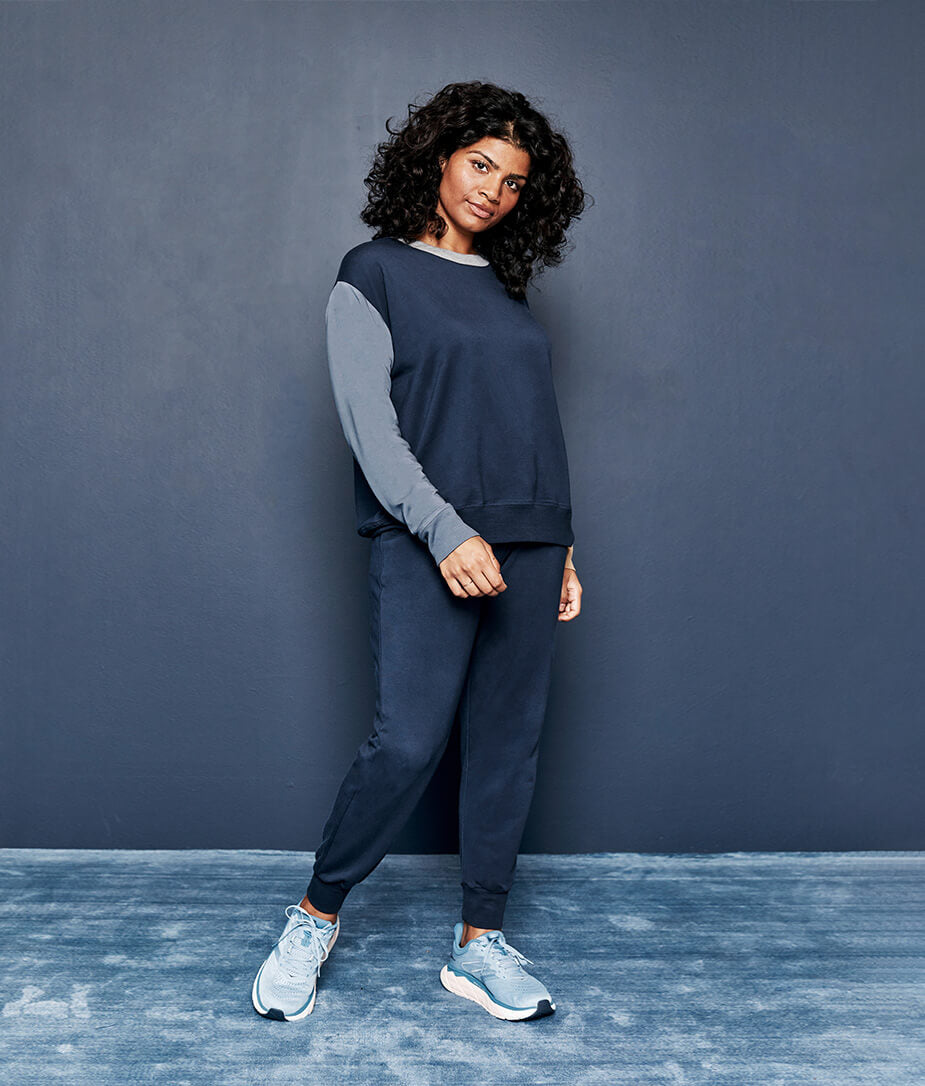 The Softest French Terry Relaxed Colorblock Crew - Midnight & Slate & Toffee