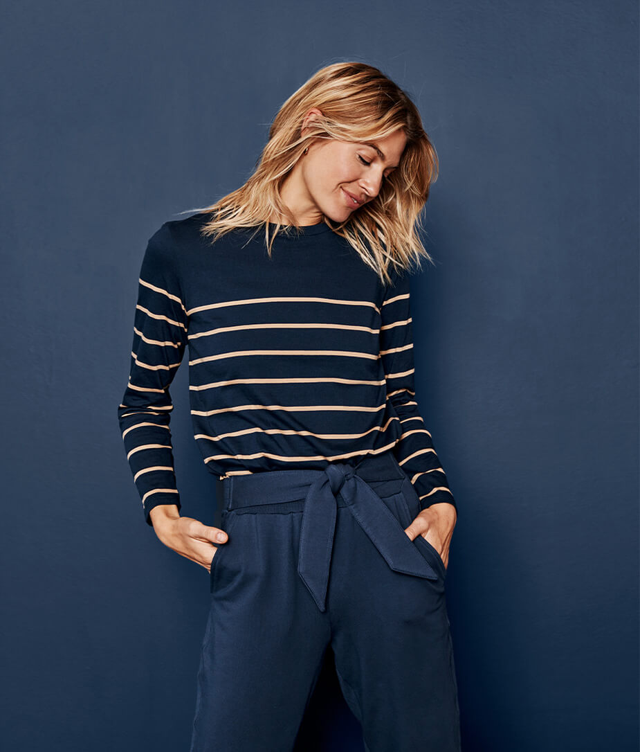 The Luxe Pima Long Sleeve Tee - Midnight & Toffee Stripe