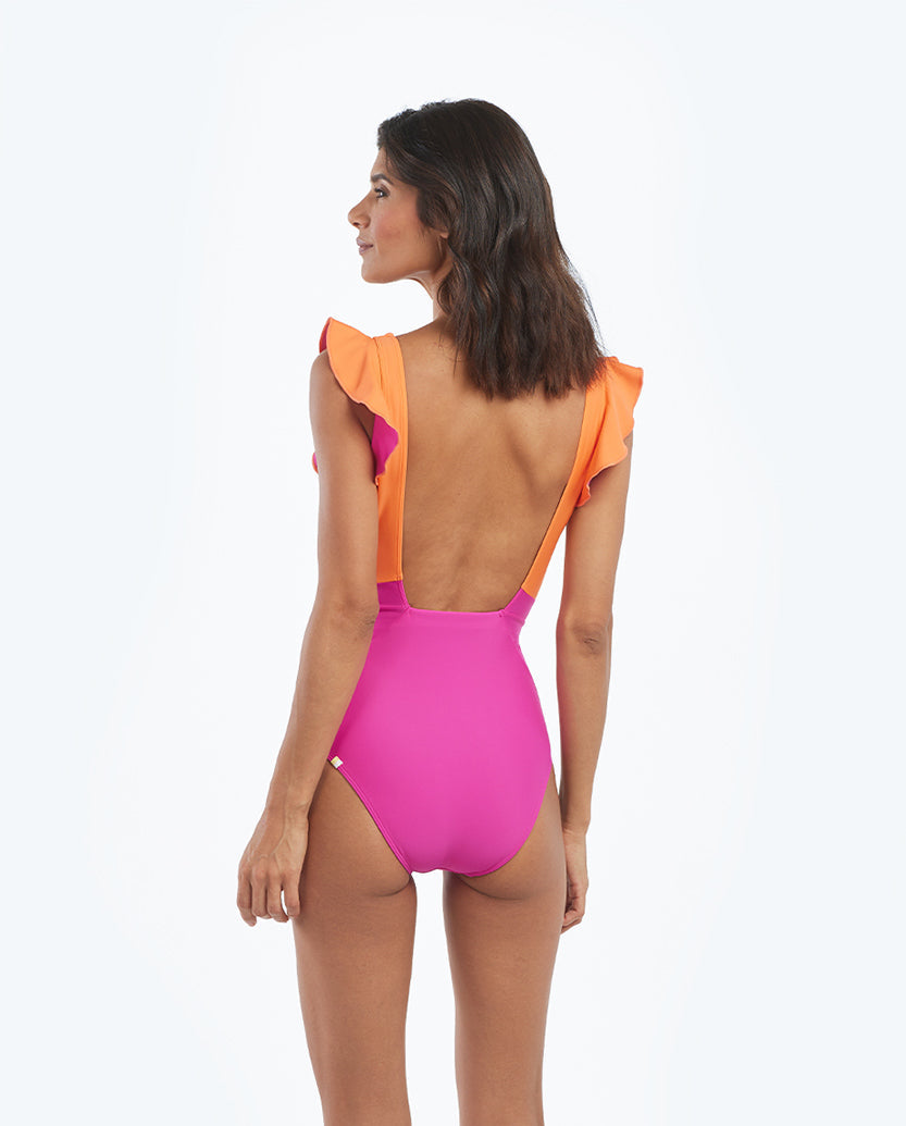 The Long Torso Ruffle Backflip -  Hibiscus & Tangerine
