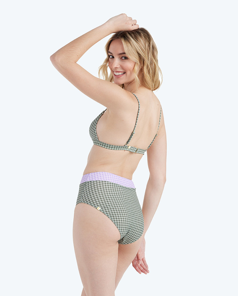 The Lace-Up High Leg High Rise Bikini Bottom - Gingham in Lavender & Ivy