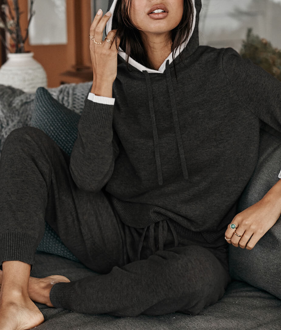 The Coziest Cashmere Blend Hoodie - Charcoal & White Sand