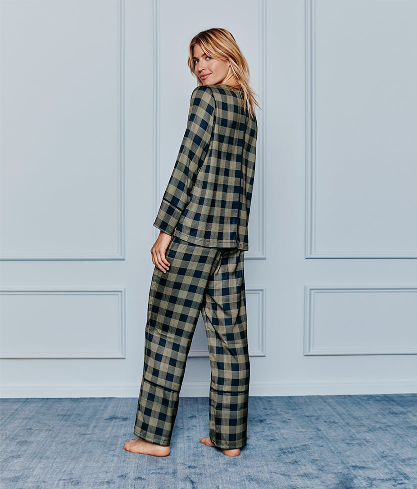 The Cloud 9 Silky PJ Set - Buffalo Check in Deep Sea & Gold