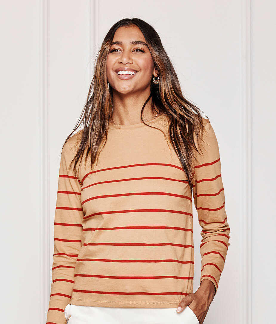 The Luxe Pima Long Sleeve Tee - Toffee & Lava Stripe