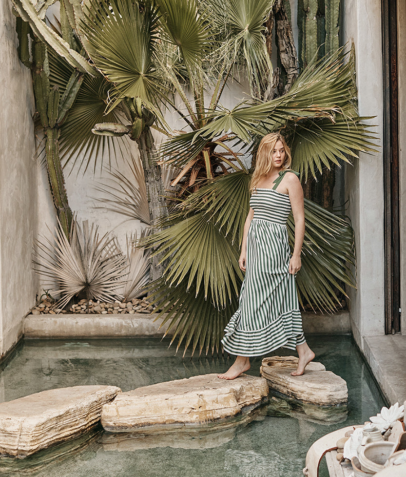 The Smocked Maxi Dress - in Nautical Stripe in Olive