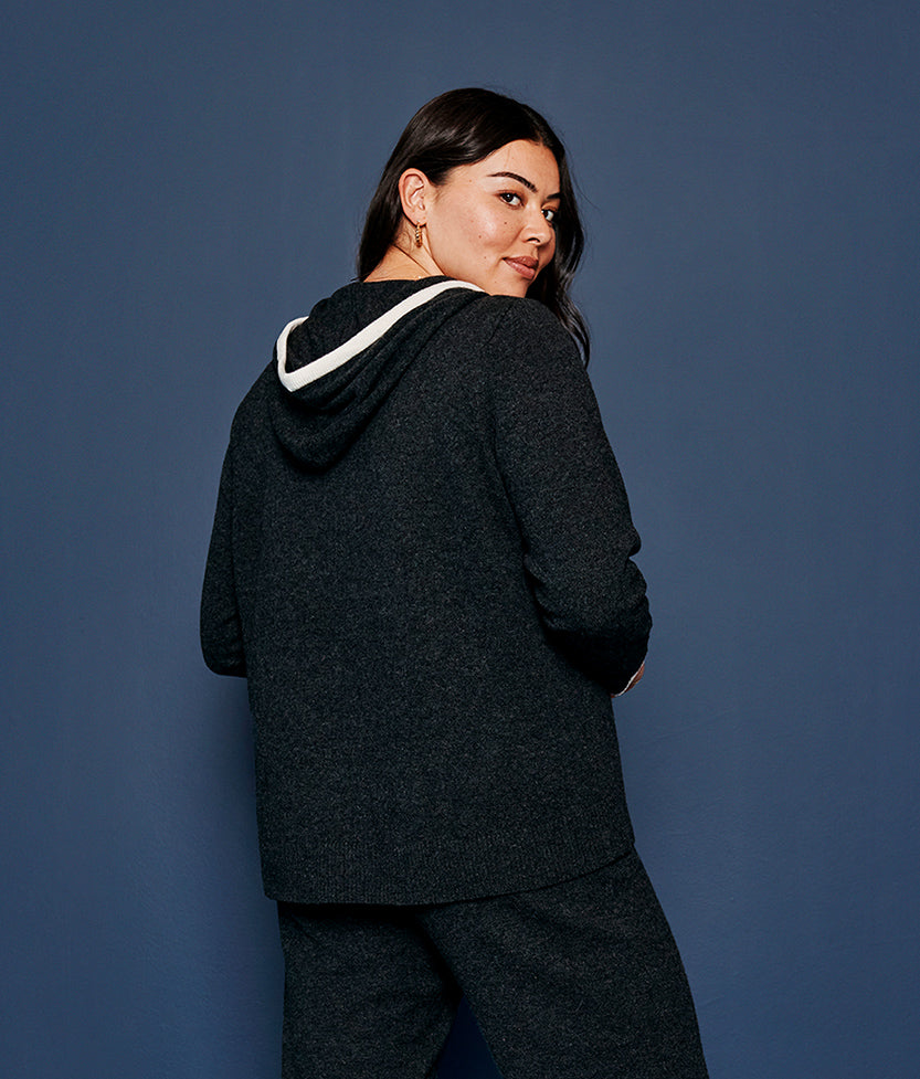 The Coziest Cashmere Blend Hoodie - Charcoal & White Sand