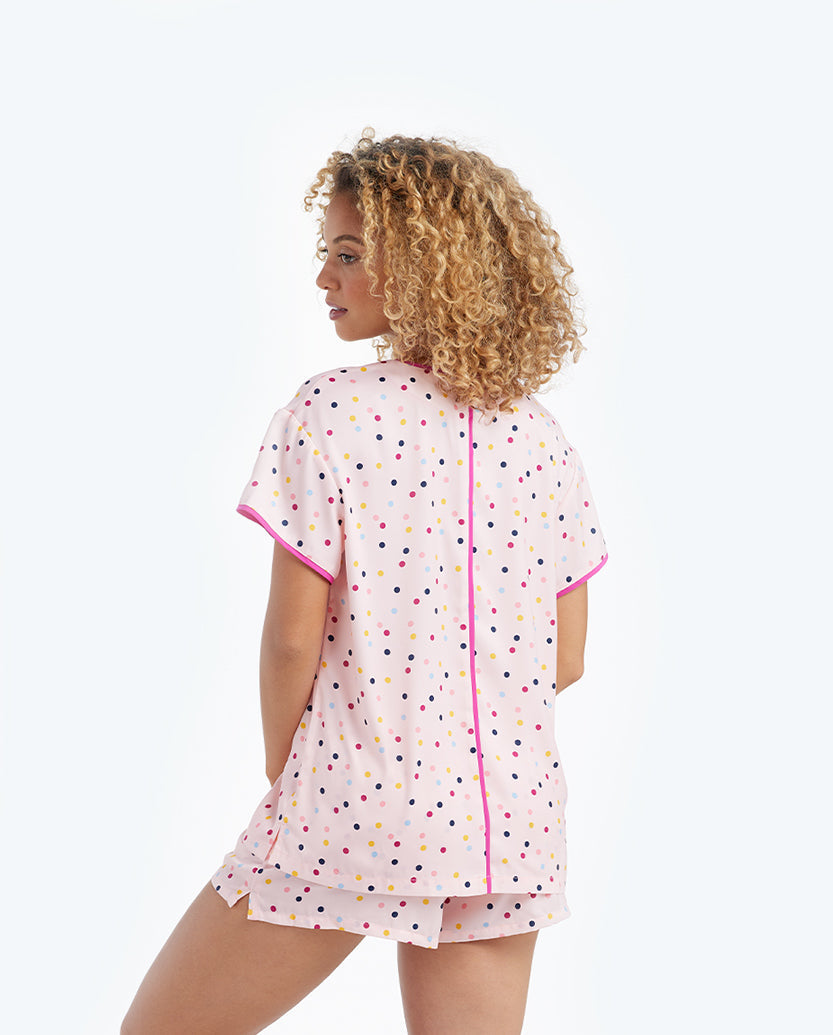 The Cloud 9 Silky PJ Shorts Set - Confetti Dot in Blush & Tangerine