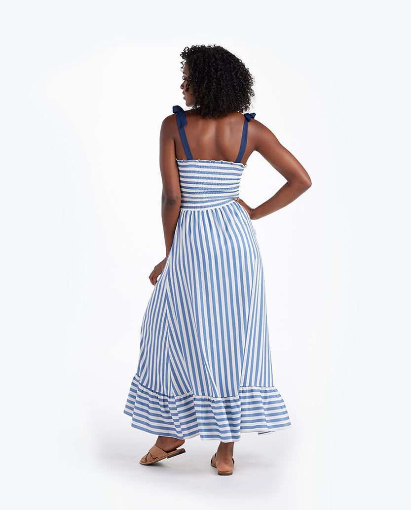 The Smocked Maxi Dress - Nautical Stripe in Blue Mountain