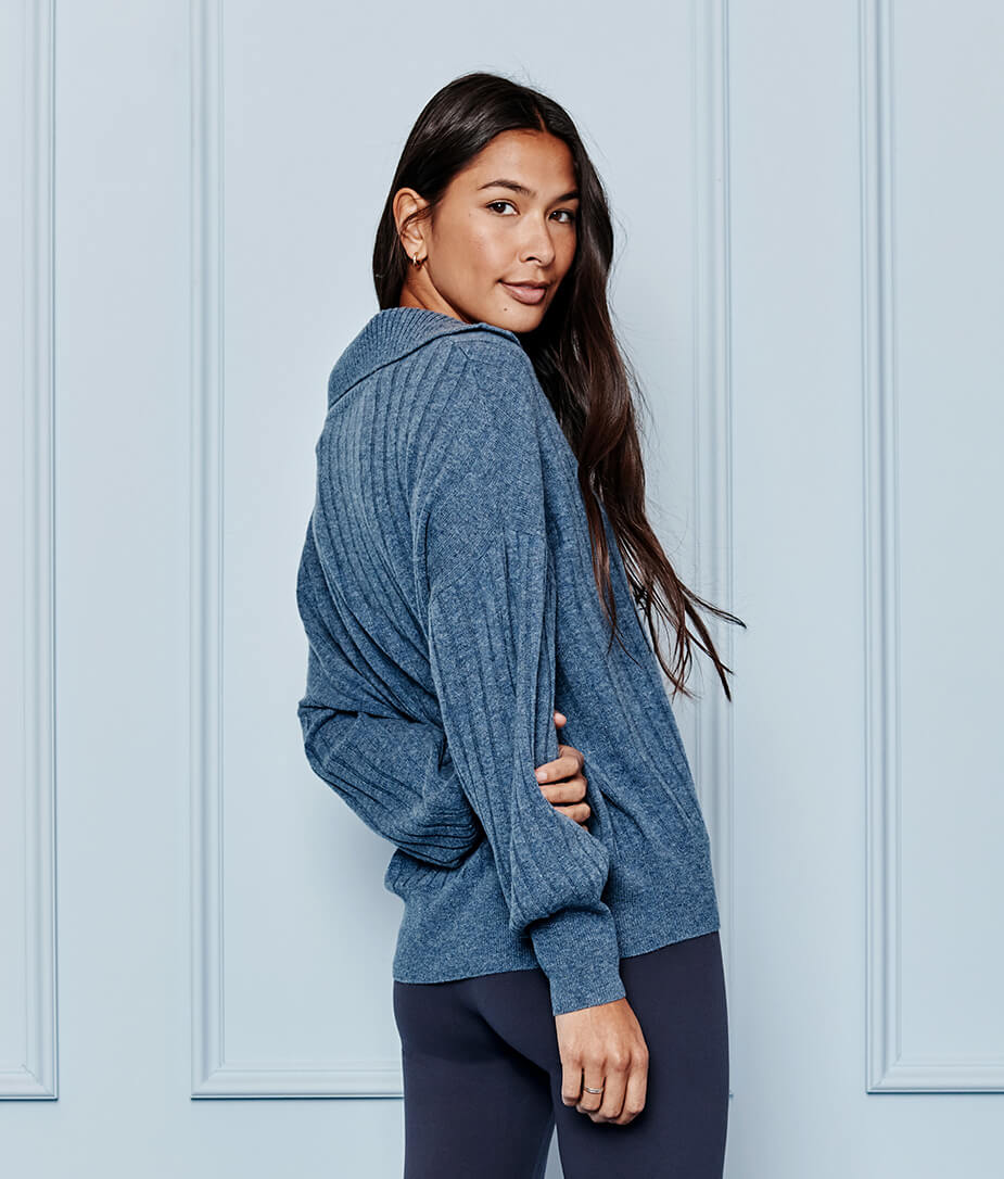 The Coziest Cashmere Blend Ribbed Half-Button Sweater - Steel