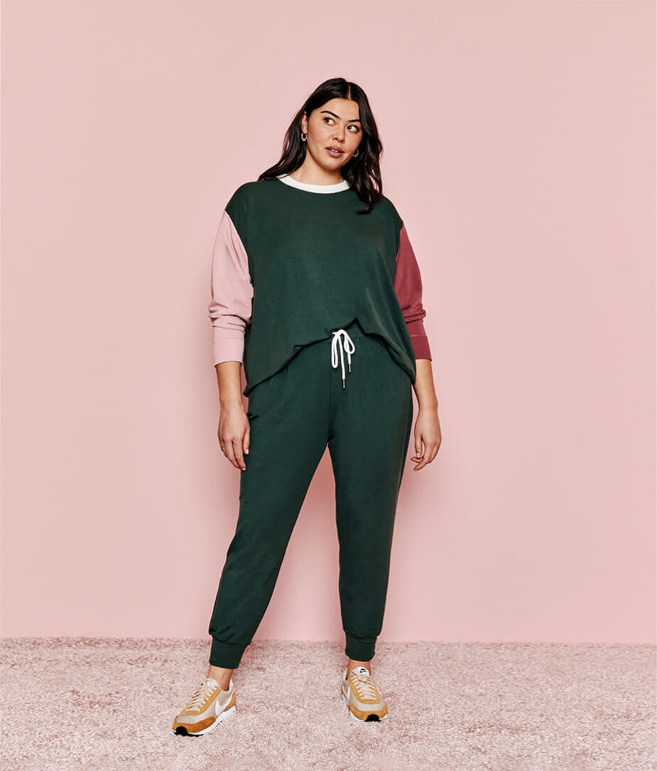 The Softest French Terry Relaxed Colorblock Crew - Eden & Shell & Rosewood