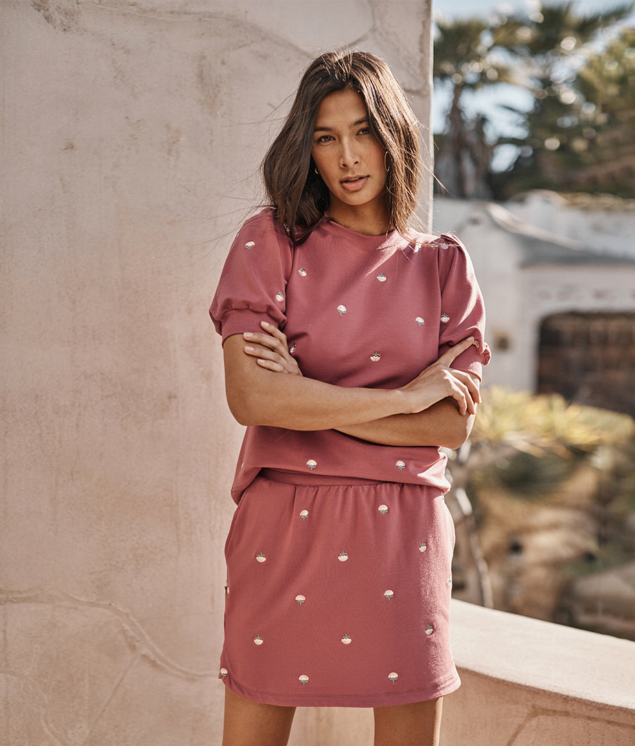 The Softest French Terry Puff Short Sleeve - Faded Rose Floral Stitch