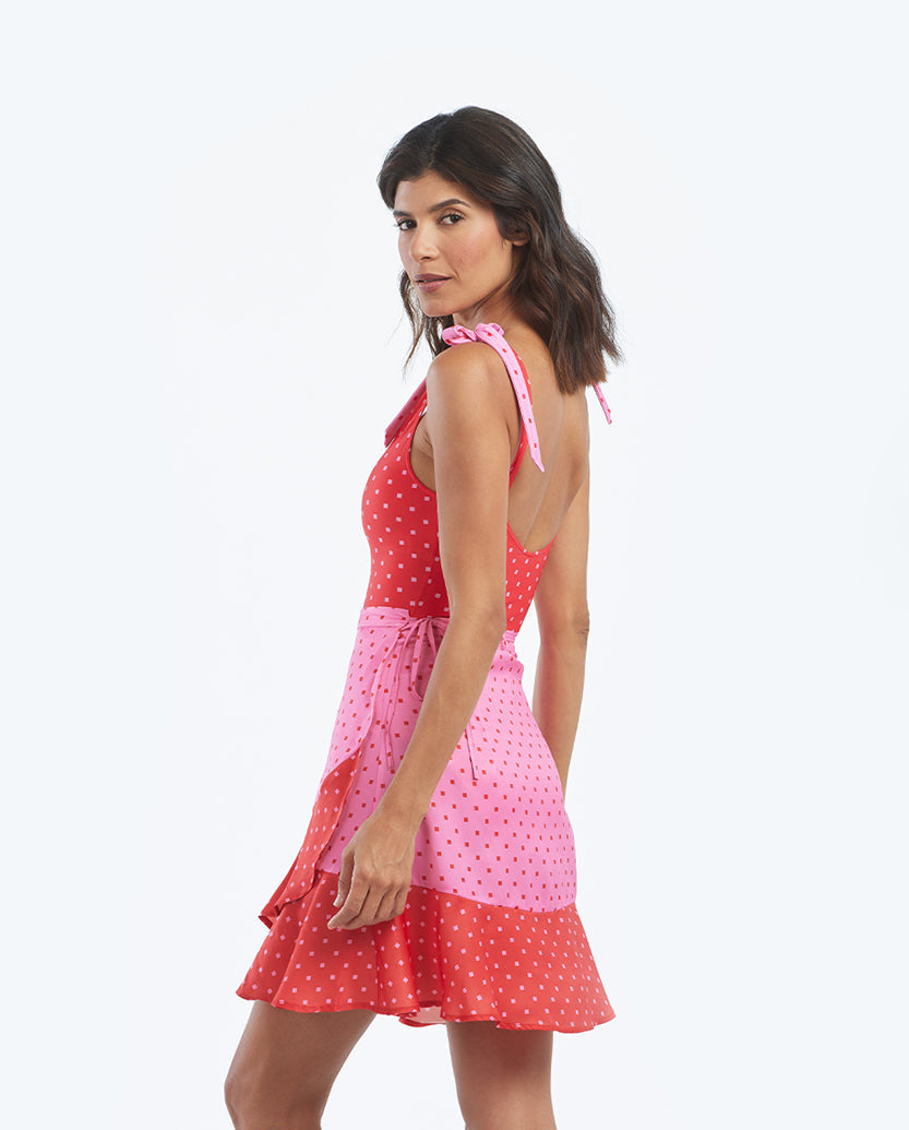 The Short Beach to Brunch Wrap Skirt - Square Dot in Flamingo & Hibiscus