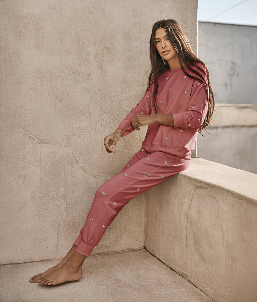 The Softest French Terry Jogger - Faded Rose Floral Stitch