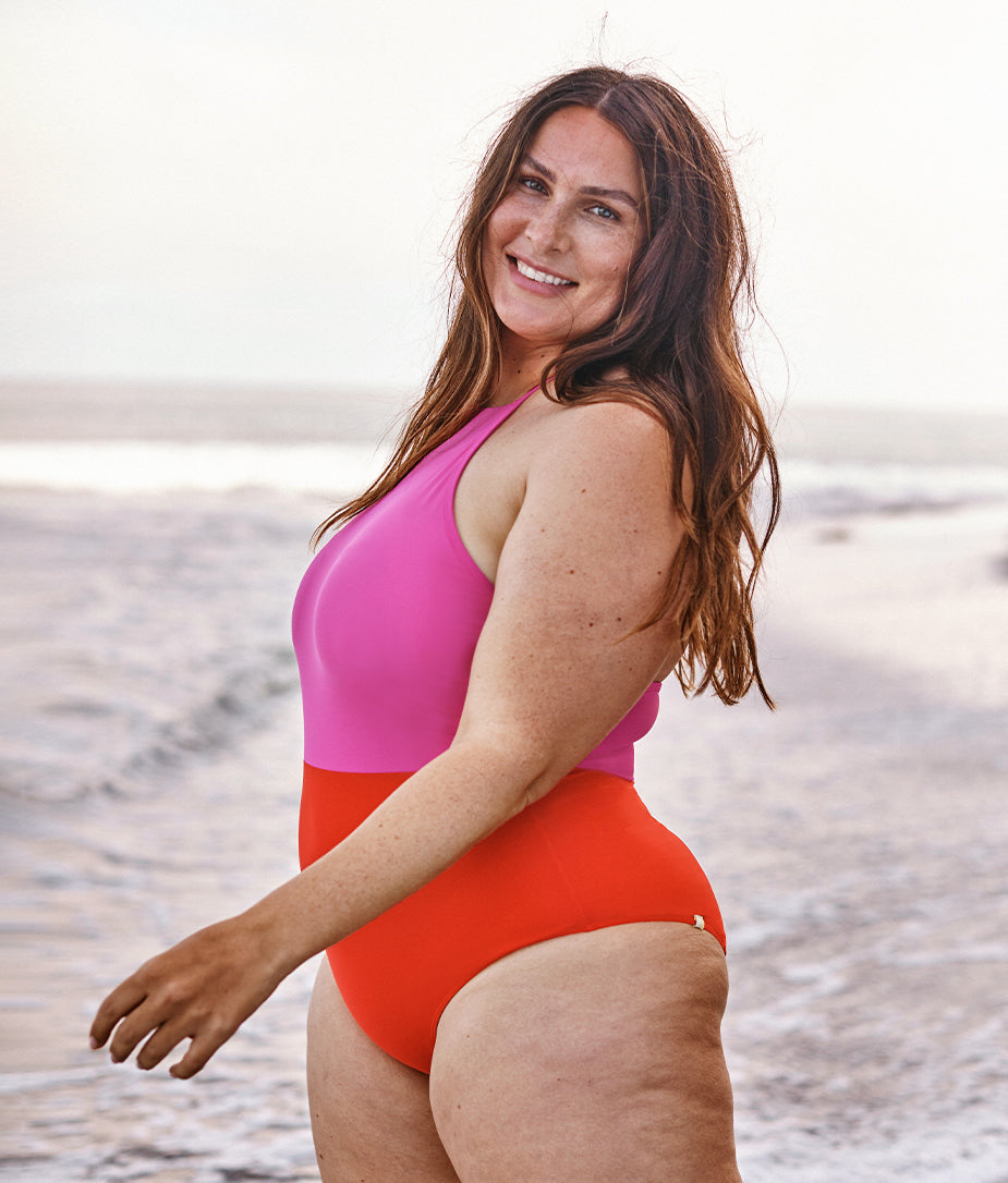 The High Neck One-Piece - Lava & Hibiscus