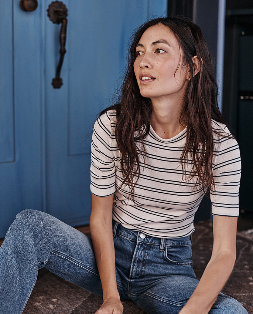 The Softest Ribbed Elbow Sleeve T-Shirt - White Sand & Deep Sea Stripe