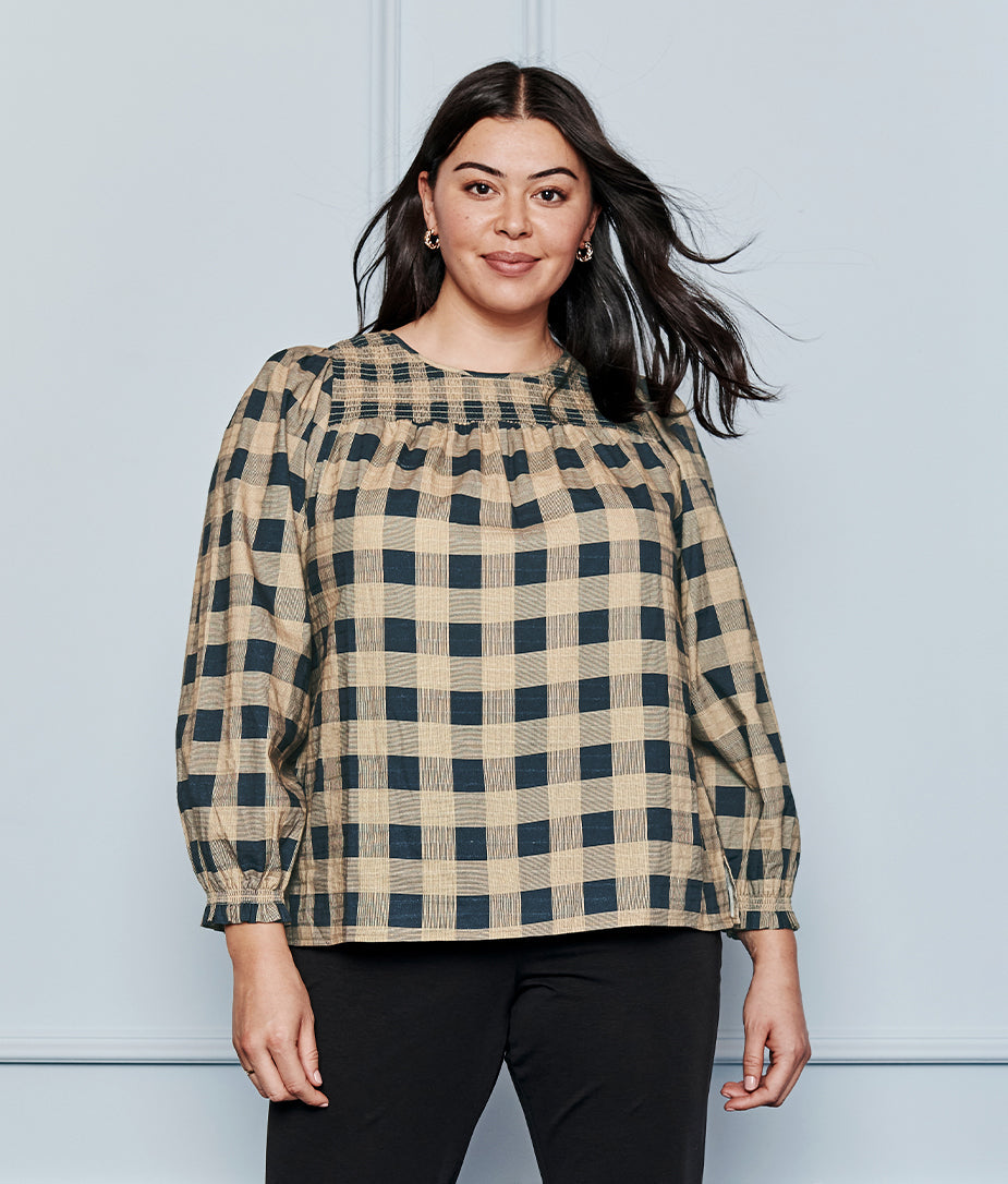 The Perfect Smocked Cotton Top - Buffalo Check in Midnight & Toffee
