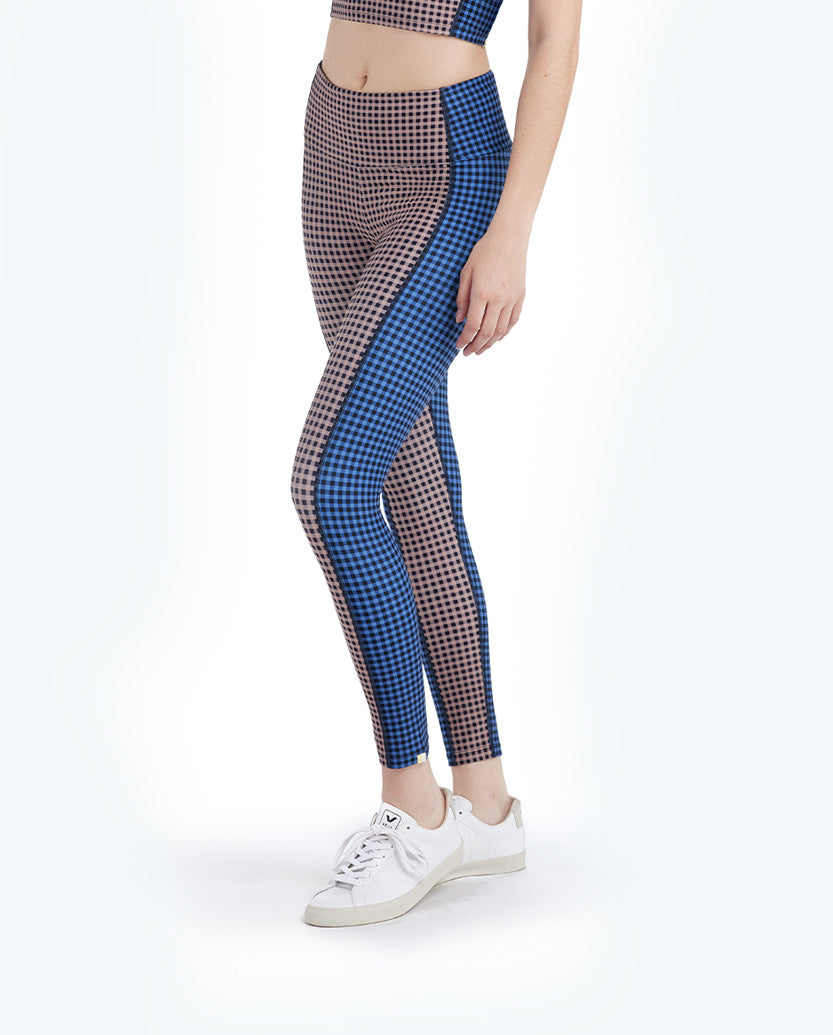 The Colorblocked High Rise 7/8 Legging - Gingham in Blue Mountain & Toffee