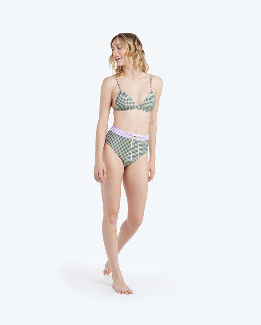The Lace-Up High Leg High Rise Bikini Bottom - Gingham in Lavender & Ivy