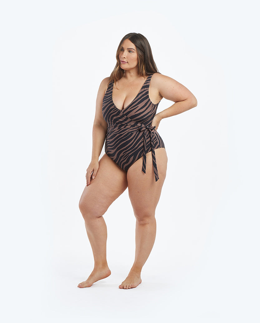 The Perfect Wrap One-Piece - Modern Zebra in Chocolate & Sea Urchin
