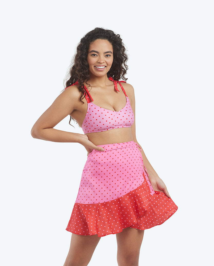 The Short Beach to Brunch Wrap Skirt - Square Dot in Flamingo & Hibiscus