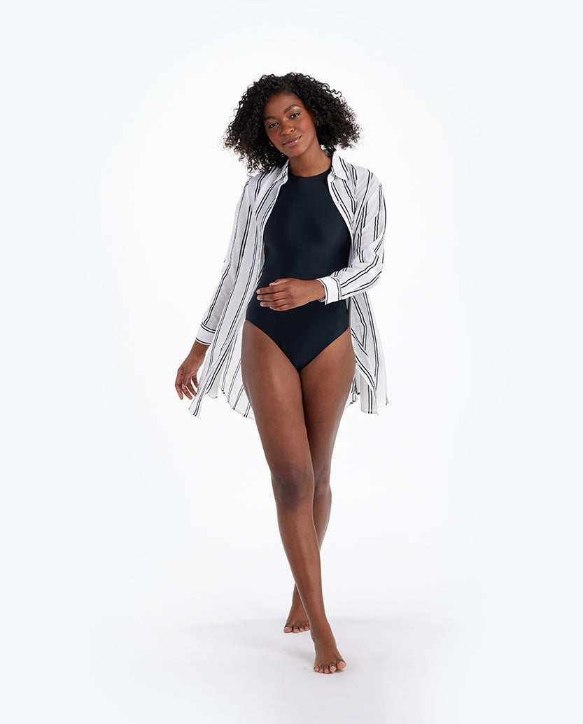 The All Buttoned Up Cover-Up - French Stripe in White Sand