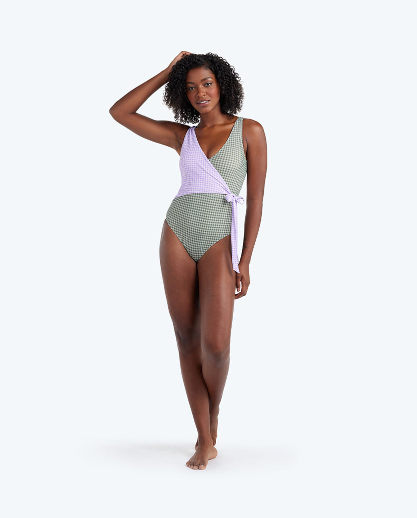 The Perfect Wrap One-Piece - Gingham in Lavender & Ivy