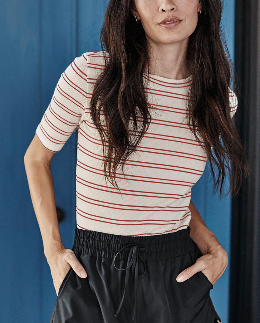 The Softest Ribbed Elbow Sleeve T-Shirt - White Sand & Berry Stripe